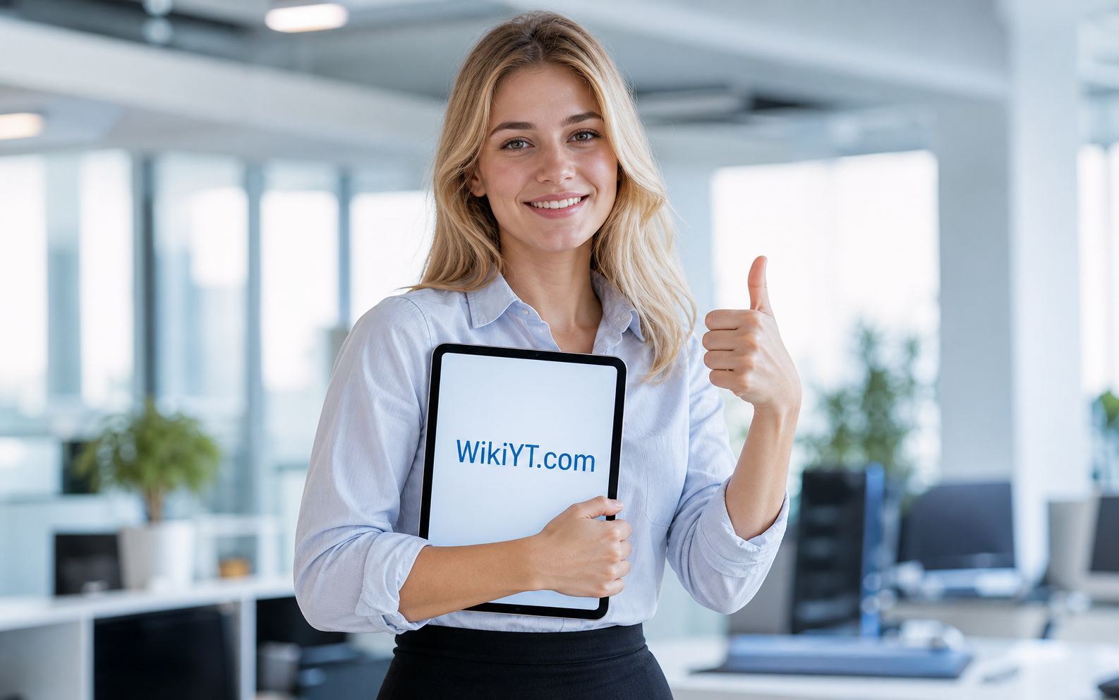 Blondynka trzymająca tablet z napisem WikiYT.com i pokazująca kciuk w górę